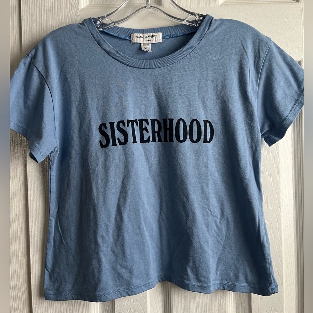 Sisterhood Blue Short Sleeve Tee tagged XL, actually Small or Medium